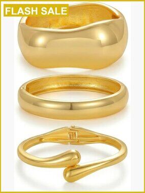 Chunky Gold Bangle Bracelets Set, 14k Gold Plated Stackable Cuff Jewelry